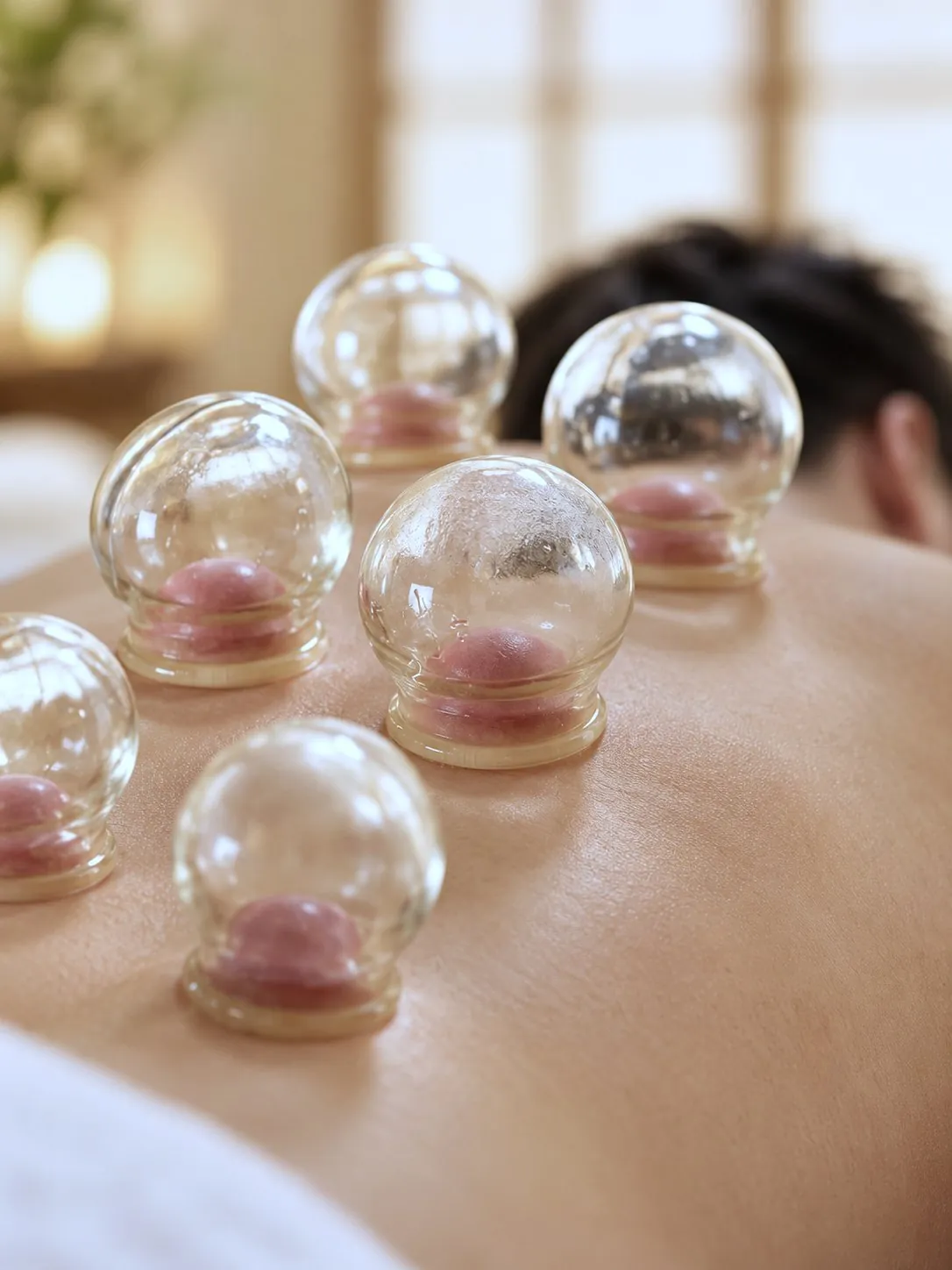 Glass cups on a client's back during a cupping session