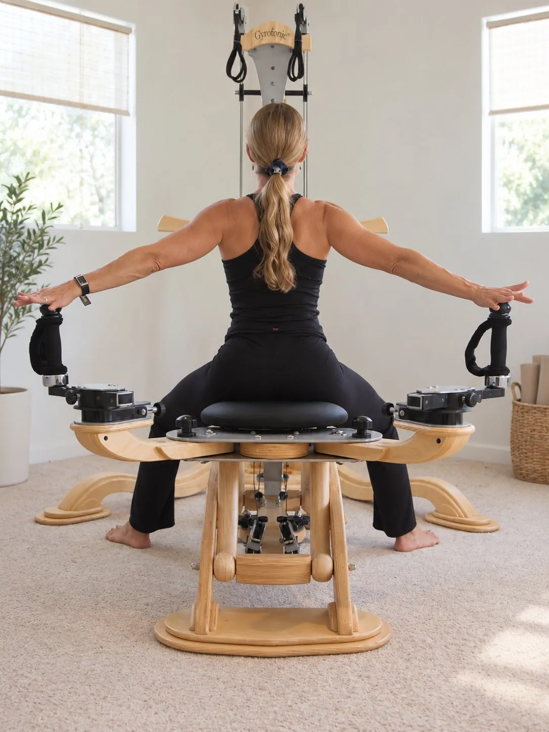 A woman seated on a GYROTONIC tower with arms outstretched