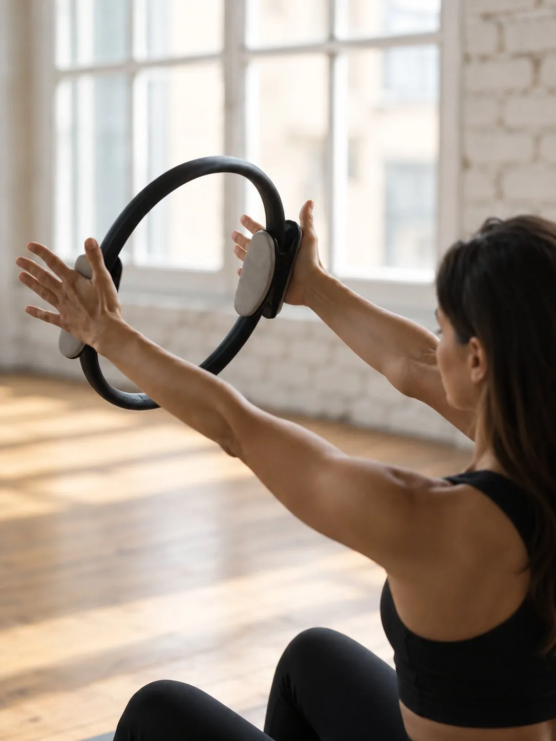 A woman holding a Pilates ring at arm's length in window light