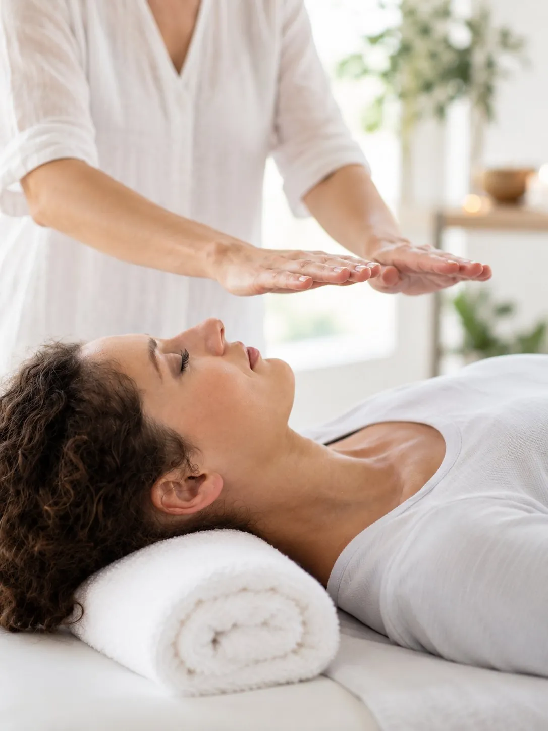 Hands held above a client resting during a Reiki session